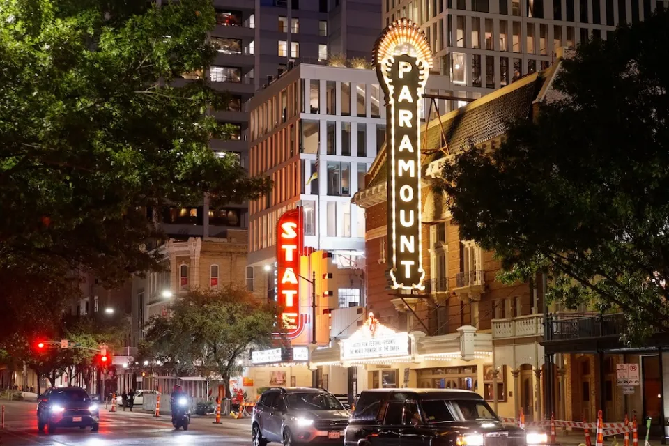 Neon signs in historic theater district in Austin, Texas.